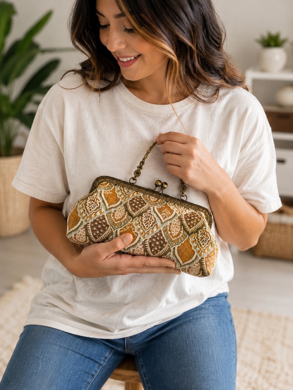 Handmade Boho Clutch Purse | Vintage Style Bronze Frame Bag